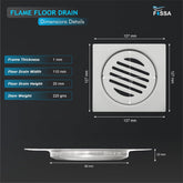 Fossa 5"x5" Design Floor Drain | Stainless Steel Square Bathroom Grating Jali | Rust-Resistant Drain Cover | Modern Floor Drain for Bathrooms (Chrome Finish) (Flame)